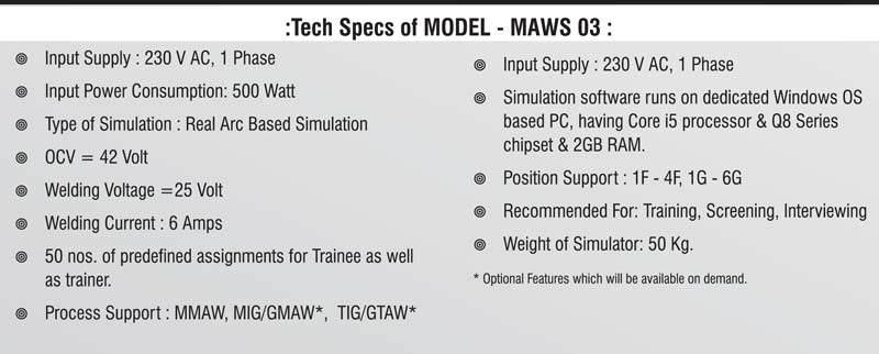 Specification of MAWS Real Arc Welding Simulator